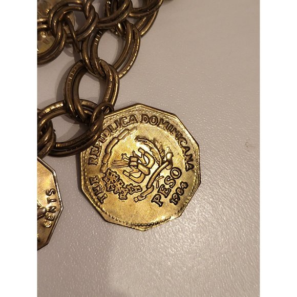 Vintage Multichain Brass Necklace DOMINICAN REPUBLIC JAMAICA coins collectible - Picture 5 of 9